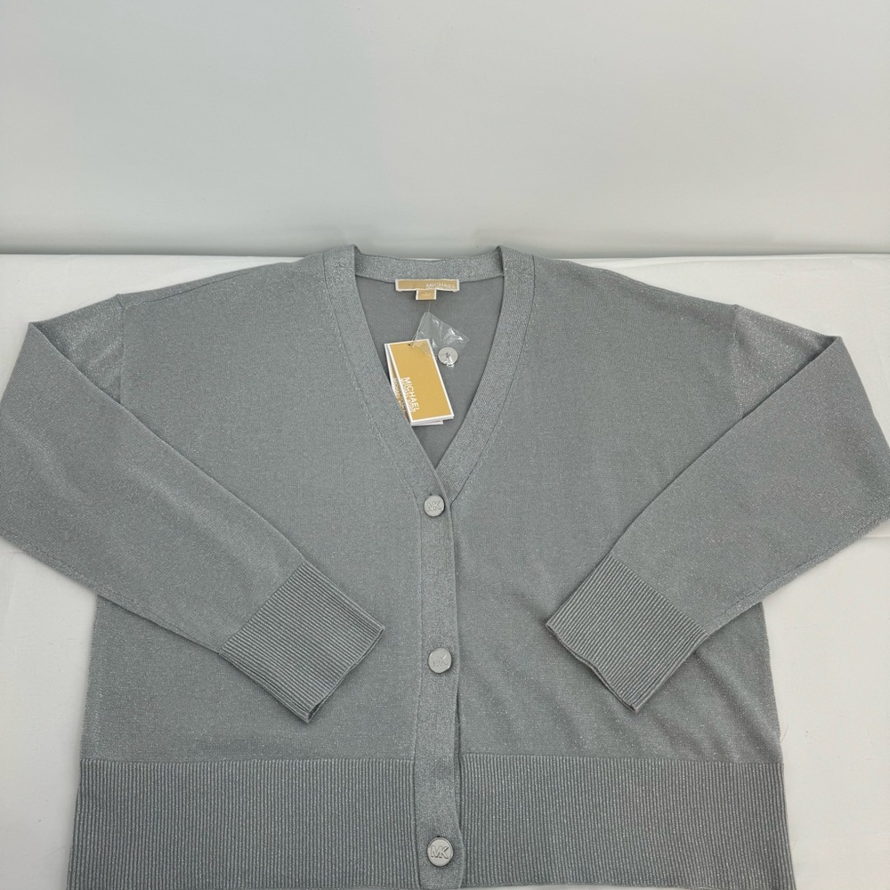 NWT Michael Michael Kors Silver Metallic Button Front Cardigan SZ. L NWT$135